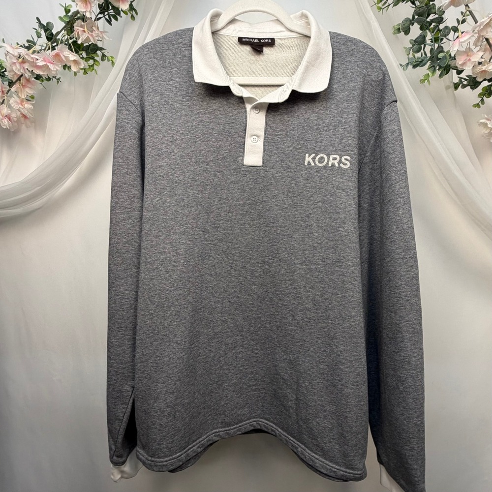 Michael Kors Mens XXL Gray Long Sleeve Polo Sweatshirt KORS Logo Pullover